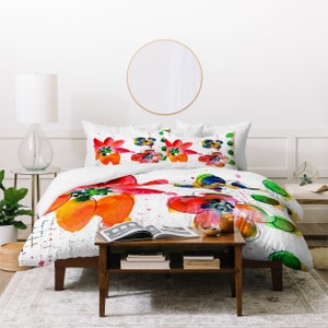 Bright Bohemian Bedding Set | Boho Bedding Duvet and Pillow Shams In Watercolor Floral Design, Dorm Bedding