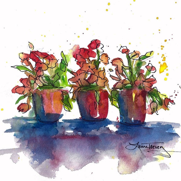 Spring Container Garden, Original Watercolor Painting