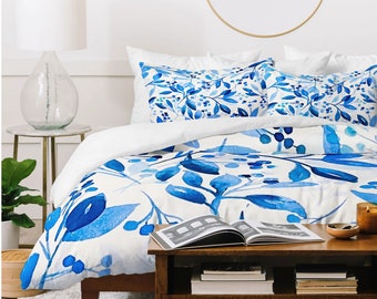 Duvet Cover + Shams / Blue and White Bedding in Berries and Leaves
