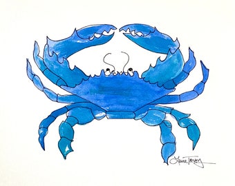 Original Watercolor Painting, Coastal Blue Crab