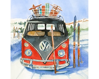 VW Bus Skiing Trip Watercolor Giclee Print