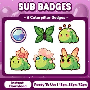 Kawaii Caterpillar Twitch Sub Badges | Bit Badges | Sub Badges Cute | Discord Badges | Stream Badges | Youtube, Discord