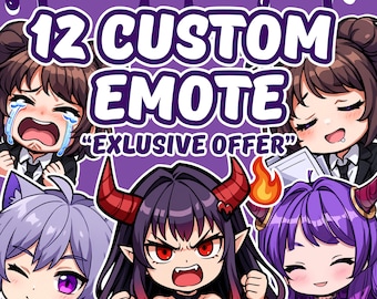 May include: A purple graphic with the text "12 CUSTOM EMOTE" and "EXLUSIVE OFFER" in white. The image features several anime-style characters with various expressions, including crying, smiling, and angry faces. The background is a darker purple.