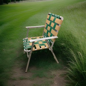 Vintage Aluminum Lawn Chair Webbed Patio Folds Up Deck Camping Green Brown
