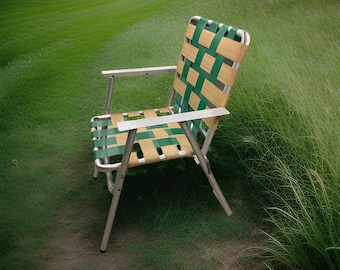 Vintage Aluminum Lawn Chair Webbed Patio Folds Up Deck Camping Green Brown