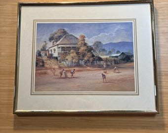 Stampa vintage con cornice in ottone "La partita di cricket" dell'artista australiano D'Arcy W. Doyle