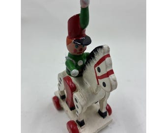 Vintage Wooden Christmas Tree Ornament Toy Soldier Riding Horse. Missing Tail 4"