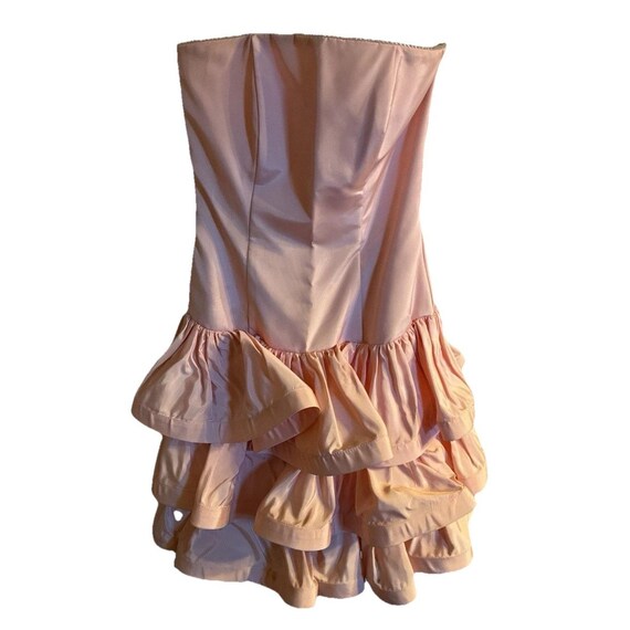 Vtg 80s Blush Pink Satin Drop V Waist Strapless Layered Ruffle Mini Party Dress