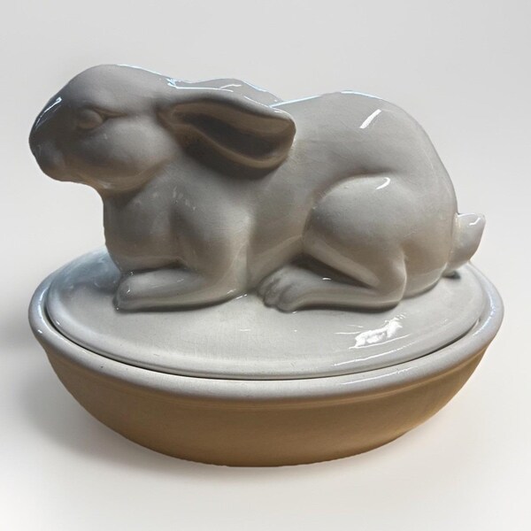 VTG Lapin en céramique émaillée blanche sur nid, condiment bibelot pot de bonbons