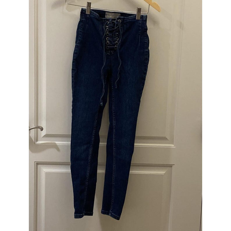 FREE PEOPLE Lace Tie Up Jeans 24 Blue Jegging High Waisted Super Skinny Pants image 1