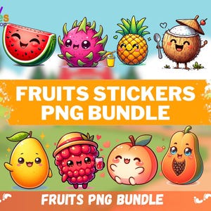 Cute Fruits Clipart Bundle 8 PNG Cartoon summer Fruit Faces Happy Printable Digital Download Stickers  Funny Fruit Bundle