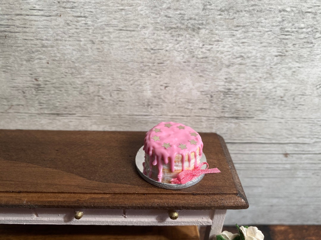112th Scale Dollhouse Pink and Silver Stars Drip Cake Etsy