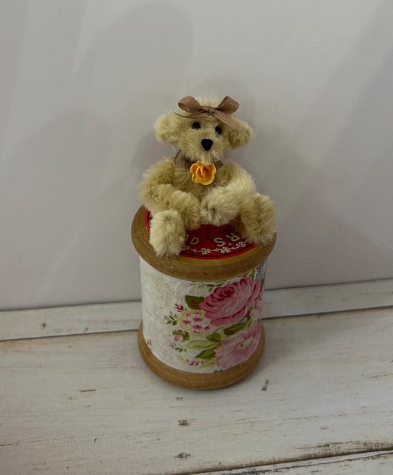 Miniature Vintage Style Shabby Teddy Bear With a Rose and Bow