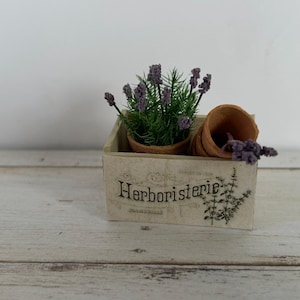 Könnte beinhalten: Eine kleine Holzkiste mit dem Text "Herboristerie" enthält eine Miniatur-Lavendelpflanze in einem Topf und zwei kleine Terrakotta-Töpfe. Der Lavendel hat lila Blüten und grüne Blätter. Die Kiste hat ein Vintage-Design.