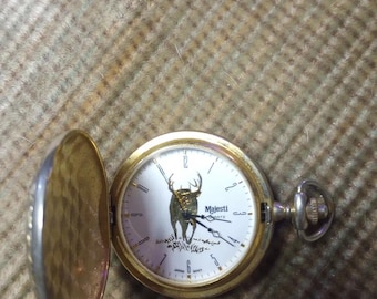 Vtg Majesti Quartz Gold Tone Pocket Watch Deer