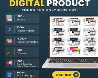 May include: A laptop computer screen displaying a variety of digital products, including ebooks, videos, Canva templates, courses, social media posts, and t-shirt designs. The text on the screen reads "Make Money Online" and "Boost Your Online Sales". The text on the laptop reads "Order Now". The text on the image reads "1,000,000+ PLR Digital Product Yours for Only $197 $27! Claim Your Bundle Before the Price Goes Up!"