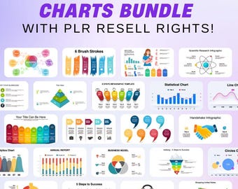 May include: A collection of PowerPoint charts and infographics, including statistical charts, business models, and diagrams. The image features a variety of colorful designs and the text "10 000+ POWERPOINT CHARTS BUNDLE WITH PLR RESELL RIGHTS!"