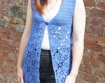 Longline Crochet Waistcoat Pattern PDF, Sleeveless Jacket Crochet Motifs Squares, Boho Festival Summer Vest, Gilet Cardigan Pattern Download