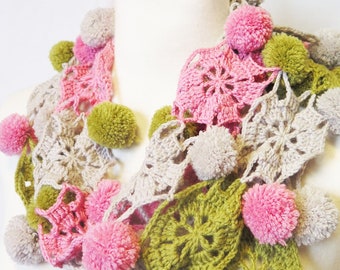 Crochet Motif Scarf with Pom-Poms - Soft Luxury Scarf Digital PDF Pattern