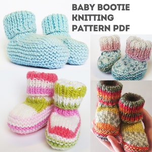 Pode incluir: A imagem mostra vários pares de botinhas de bebê de malha em várias cores. As botinhas são em tons de azul, rosa, verde e listras multicoloridas. O texto "BABY BOOTIE KNITTING PATTERN PDF" é exibido na parte superior da imagem.