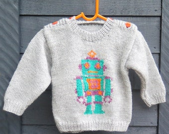 Robot Toy Intarsia Sweater Knitting Pattern PDF, Space Theme, Birth to 3 years Jumper, Baby and Toddler Gift