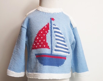 Sailing Boat Intarsia Sweater Babies, Knitting Pattern with easy button neckline for baby and toddler to 3 years, seaside, beach colour knit