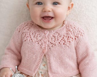 Baby Cardigan Knitting Pattern, Top Down, Lace Yoke, 0-36 months,Chart and Written instructions, Baby Knitting, New Born, Toddler, Girl Knit