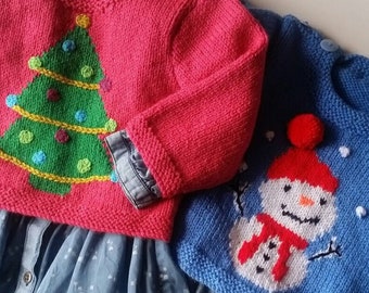 Christmas Sweaters with Snowman or Christmas Tree Motif - Baby and Toddler - Christmas Knitting - Knitting Pattern - Instant Download