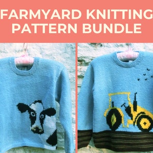 May include: Two blue knitted sweaters with different farm animal designs. One sweater features a cow and the other features a tractor. Both sweaters have a brown and black stripe at the bottom.