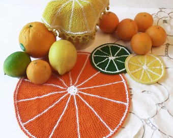 Fruity Coasters, Table Mats and Jug Cover.  Knitting Pattern, Instant download PDF