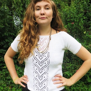 Knitting Pattern Top for Women – Lace Panel Summer Knit Top PDF – Lightweight Ladies Top with Ribbon Bow at Back