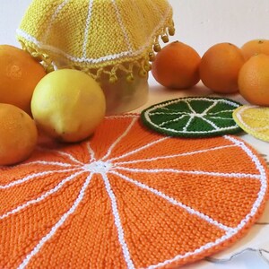 May include: A still-life image featuring a collection of knitted fruit-themed items. An orange slice trivet, a lemon-shaped item, and a yellow knitted cover with beaded trim are displayed alongside fresh oranges and a lemon. The items are handmade.