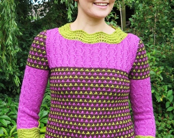 Ladies Sweater Knitting Pattern in 3 colours - Knitting Pattern PDF