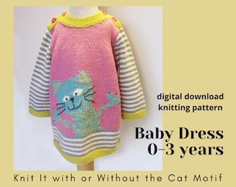 Baby Dress Knitting Pattern - with Cat Motif - digital download PDF pattern