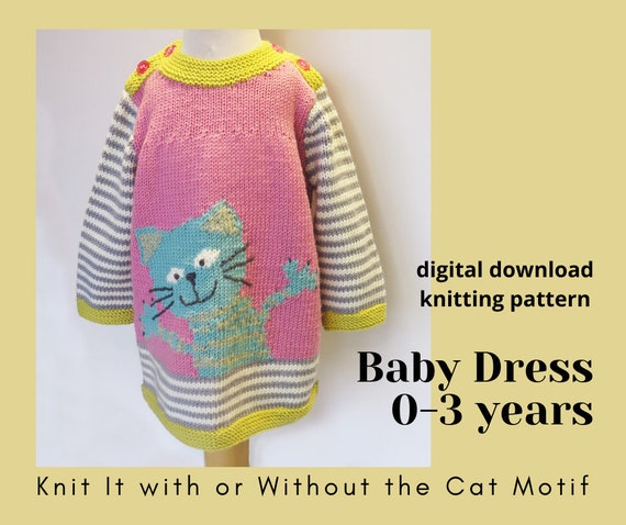 Baby Dress Knitting Pattern - With Cat Motif - Digital Download PDF Pattern  - Etsy