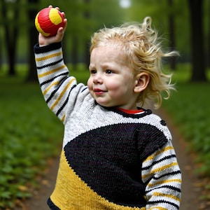 May include: A child wearing a patterned knit sweater with black, white, and yellow geometric shapes and striped sleeves, holding a red and yellow ball. The child is outside on a path with trees in the background.
