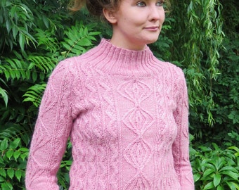 Ladies Aran Sweater, cable sweater knitting pattern PDF