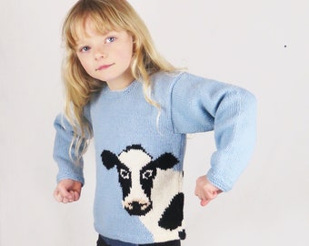 Childrens Knitting Pattern PDF, Cow Sweater Knitting Pattern, Childs Sweater PDF, Cow Motif, Childs Birthday Gift