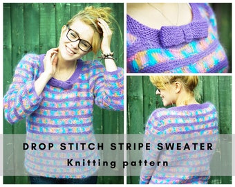 Ladies Mohair and Wool Stripe Drop Stitches Sweater Knitting Pattern Digital Download PDF, pretty hand knit fluffy sweater with bow.