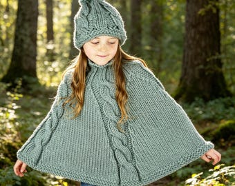 Child's Cable Knit Poncho & Bobble Hat, Toddler Winter Knitting Pattern, Christmas Knitting, Poncho Pattern, Christmas PDF, Super Chunky