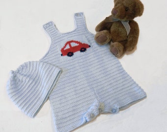 Knitting Pattern PDF for Baby Rompers with car motif, knitted dungarees, baby set
