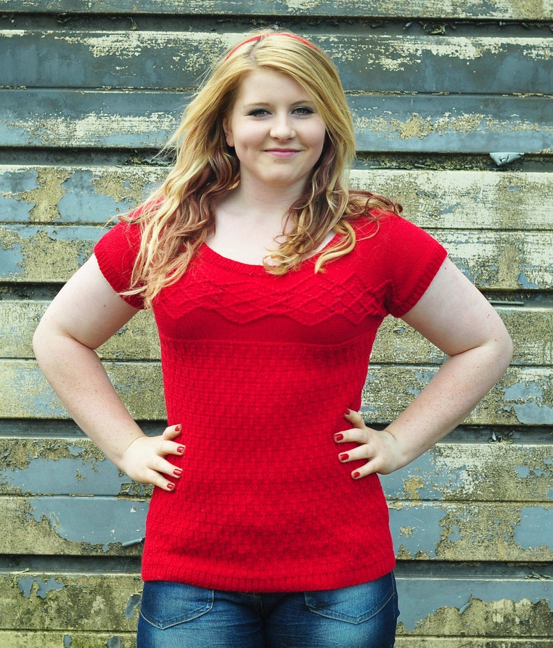 Summer Top Knitting Pattern PDF – Wide Neck, Mock Cable Detail – Top-Down Knit with Short Sleeves – Lightweight Women’s Sweater Pattern image 1