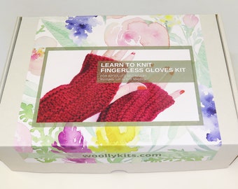 Learn to Knit Kit, fingerless gloves, wrist warmers,  easy knitting kit in Red or Blue for Men and Women.