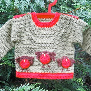 Baby Crochet Sweater for Christmas, Ugly Sweater, Red Robin Motif and Crochet Garland