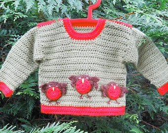 Baby Crochet Sweater for Christmas, Ugly Sweater, Red Robin Motif and Crochet Garland