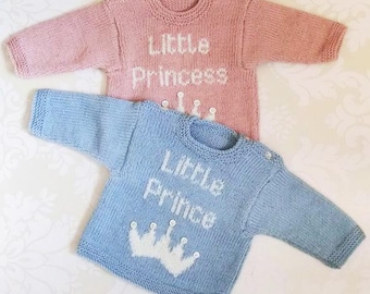 Little Prince and Little Princess baby sweater knitting Pattern, New Baby Gift, Baby Shower Gift, Baby and Toddler jumper, shoulder buttons