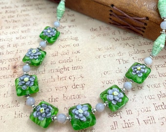 Lavender Fields - OOAK Necklace with handmade lampwork and paper beads