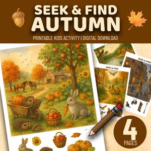 Peut inclure: Téléchargement numérique d'une activité imprimable pour enfants intitulée "Cherche et trouve Automne". L'image présente quatre pages avec des illustrations sur le thème de l'automne, dont une scène de ferme avec un lapin, des citrouilles et une brouette.