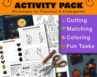 May include: A Halloween Activity Pack with worksheets for preschool and kindergarten. The image shows activity pages with tasks like matching, colouring, and cutting. The pack includes printable PDF bookmarks and Halloween-themed illustrations.