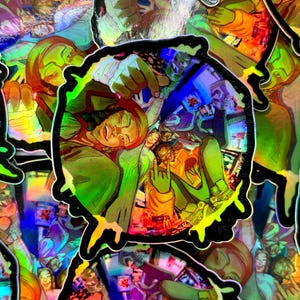 May include: A holographic sticker featuring a group of people with colorful, abstract designs. The sticker has a black border and a dripping paint effect.
